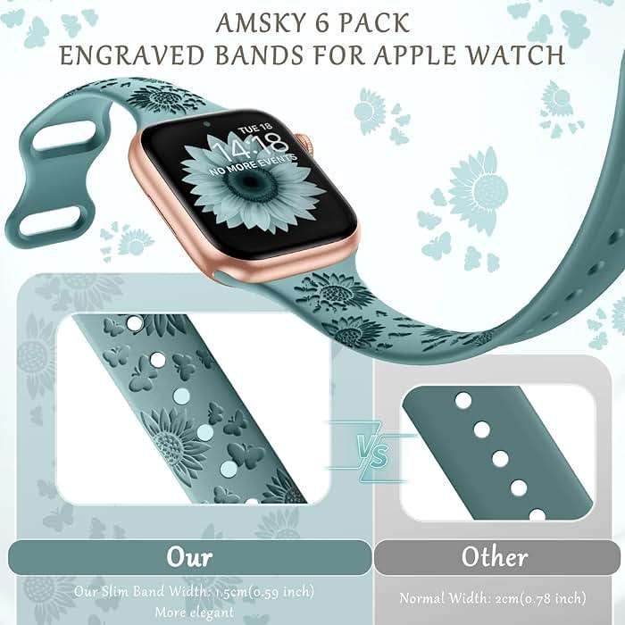 AMSKY 6 Pack Slim Floral Engraved Bands Compatible with Apple Watch Band 40mm 41mm 42mm 38mm 44mm 45mm 46mm 49mm for Women,Cute Silicone Sport Strap for iWatch Series 11 10 Ultra 9 8 7 6 5 4 3 2 1 SE - Image 3