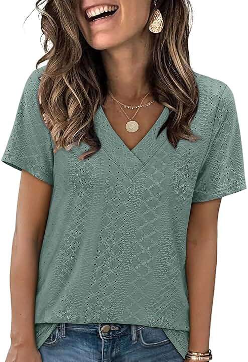 SAMPEEL Women's Eyelet Crossed V Neck Short Sleeve T-Shirt - Image 1