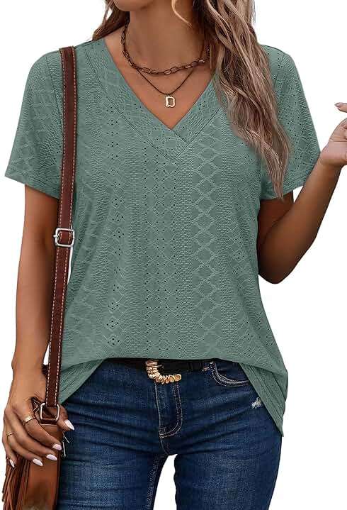SAMPEEL Women's Eyelet Crossed V Neck Short Sleeve T-Shirt - Image 2