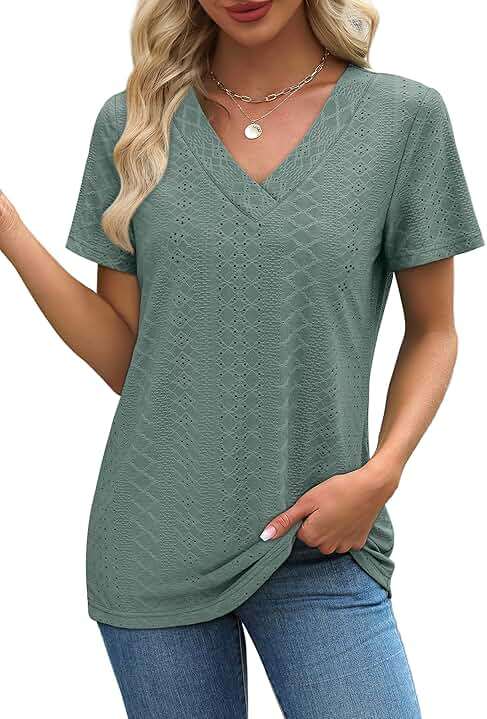 SAMPEEL Women's Eyelet Crossed V Neck Short Sleeve T-Shirt - Image 3
