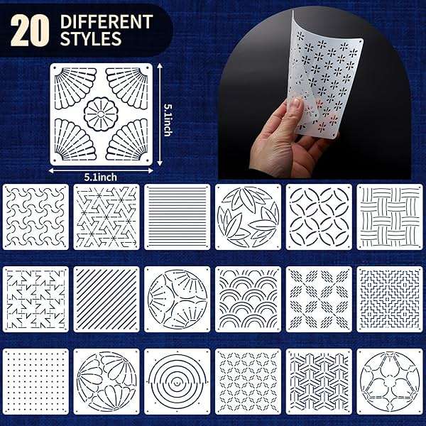20 Pcs Sashiko Stencils 5.1 x 5.1 Inch Plastic Sashiko Template Pattern Geometric Embroidery Stabilizers Drawing Line Template for Hand Quilting Sewing - Image 3
