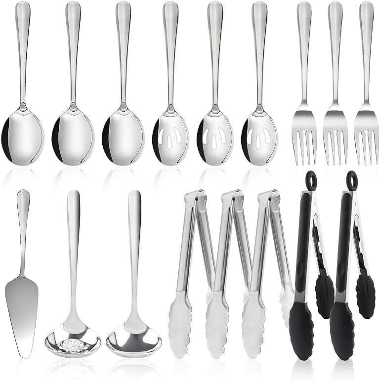 17PCS Serving Utensils Set Flatware, Stainless Steel Serveware Large Serving Spoons, Slotted Spoons, Forks, Tongs, Cake Server,Soup and Skimmer Spoon for Buffet, Catering, Party, Dinner (Silver) - Image 1