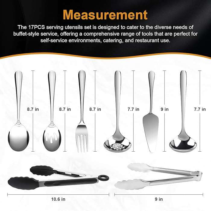 17PCS Serving Utensils Set Flatware, Stainless Steel Serveware Large Serving Spoons, Slotted Spoons, Forks, Tongs, Cake Server,Soup and Skimmer Spoon for Buffet, Catering, Party, Dinner (Silver) - Image 3