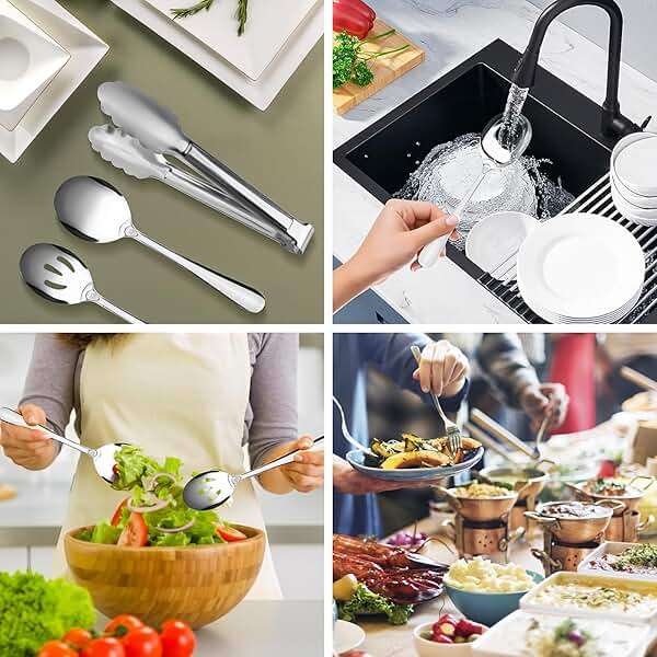 17PCS Serving Utensils Set Flatware, Stainless Steel Serveware Large Serving Spoons, Slotted Spoons, Forks, Tongs, Cake Server,Soup and Skimmer Spoon for Buffet, Catering, Party, Dinner (Silver) - Image 4