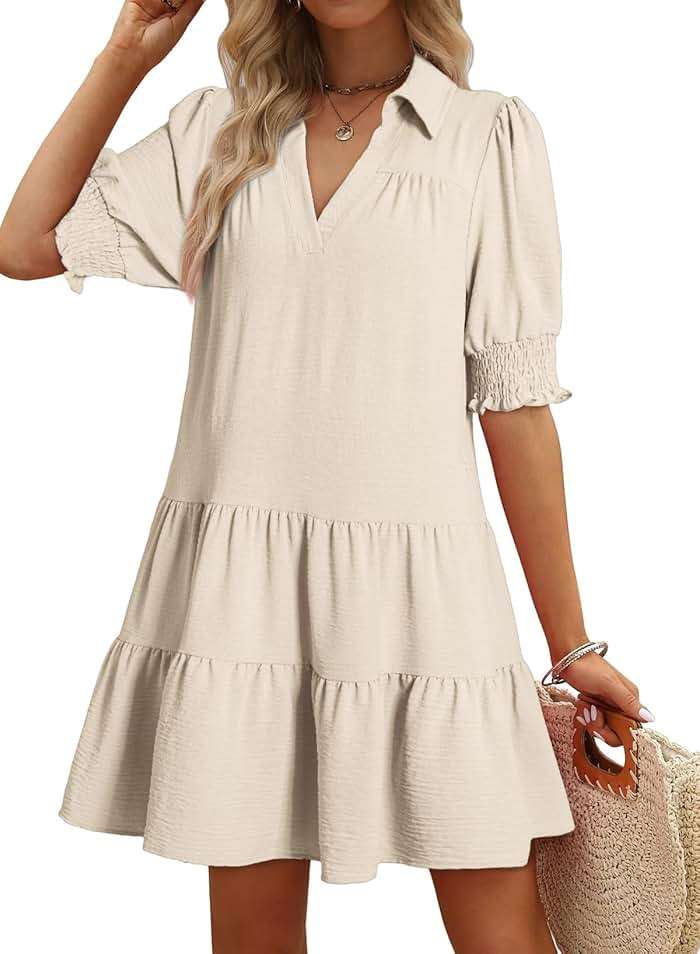 Dokotoo Casual Dresses for Women Lapel Collared V Neck Mid Sleeved Pleated Summer Dresses for Women 2026 Midi Dresses - Image 1