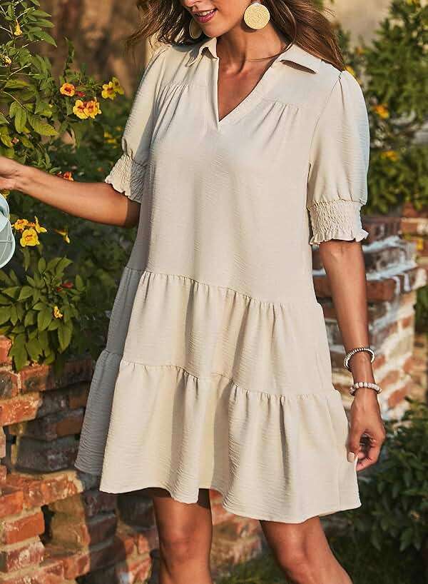 Dokotoo Casual Dresses for Women Lapel Collared V Neck Mid Sleeved Pleated Summer Dresses for Women 2026 Midi Dresses - Image 2