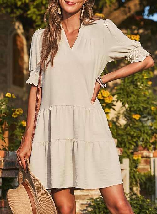 Dokotoo Casual Dresses for Women Lapel Collared V Neck Mid Sleeved Pleated Summer Dresses for Women 2026 Midi Dresses - Image 3