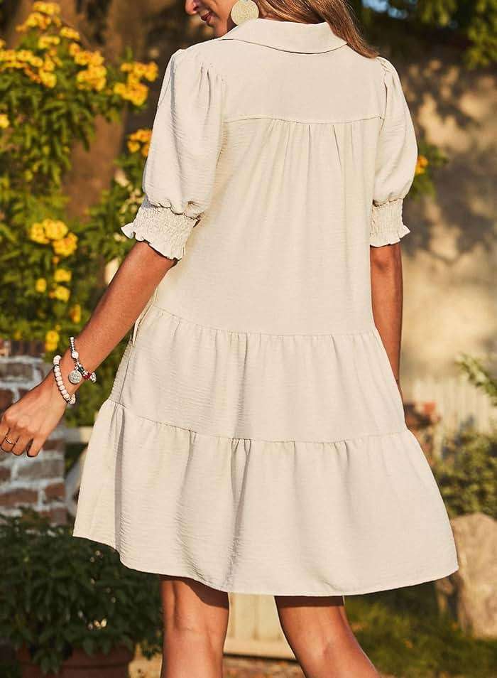 Dokotoo Casual Dresses for Women Lapel Collared V Neck Mid Sleeved Pleated Summer Dresses for Women 2026 Midi Dresses - Image 5