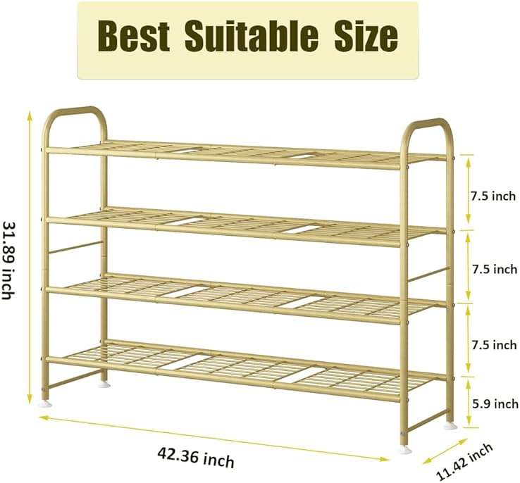LINZINAR Shoe Rack 4 Tier Storage Organizer for Closet Entryway Metal Gold - Image 3