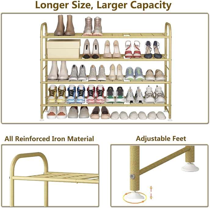 LINZINAR Shoe Rack 4 Tier Storage Organizer for Closet Entryway Metal Gold - Image 6
