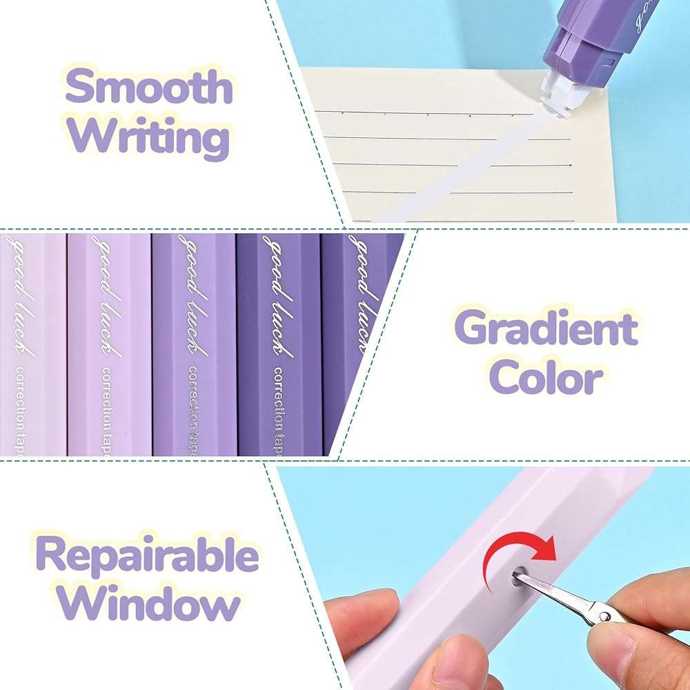 Temiary 5 Pcs White Correction Tapes, Aesthetic Correction Tape Pens Smooth Pull Out, Easy to Use Pen Shaped Applicator for Students School Office Supplies (Purple) - Image 4