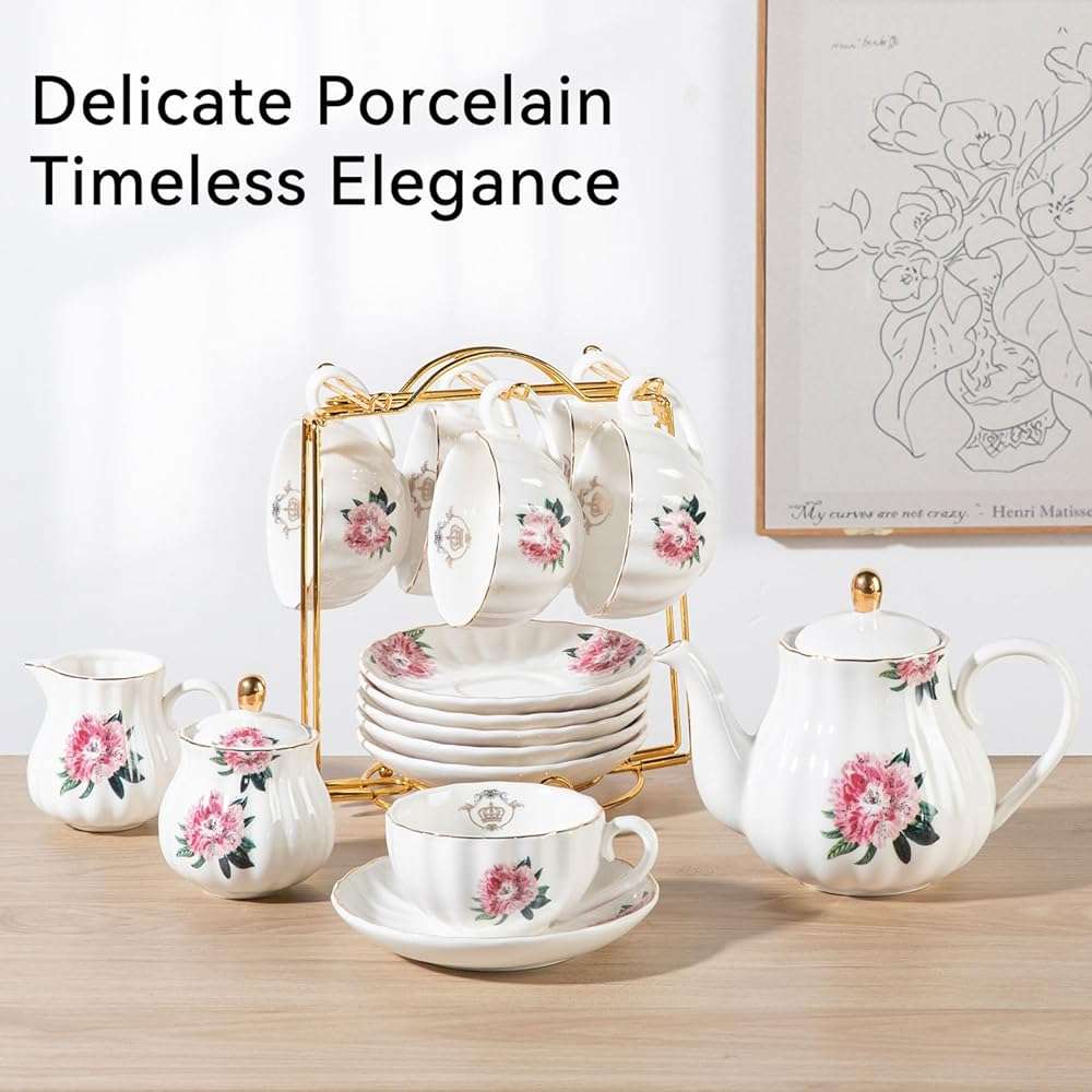 Sweejar Porcelain Tea Sets British Royal Series, 8 OZ Cups & Saucer Service for 6, with Teapot Sugar Bowl Cream Pitcher Teaspoons and Tea Strainer, Suitable for High Tea, Wedding, Party - Image 5