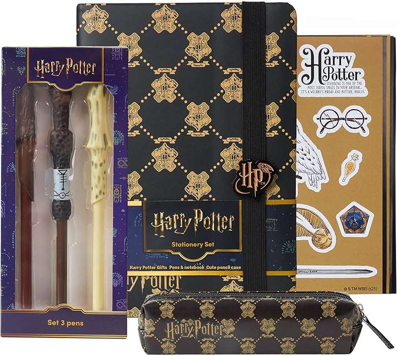Get Trend Harry Potter Gifts Stationary Set with Cute Notebook Ball Point Wand Pens Pencil Case Stickers Cute Stuff Hogwarts Journal Accessories (Black Harry Potter) - Image 1