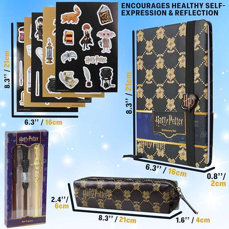 Get Trend Harry Potter Gifts Stationary Set with Cute Notebook Ball Point Wand Pens Pencil Case Stickers Cute Stuff Hogwarts Journal Accessories (Black Harry Potter) - Image 2