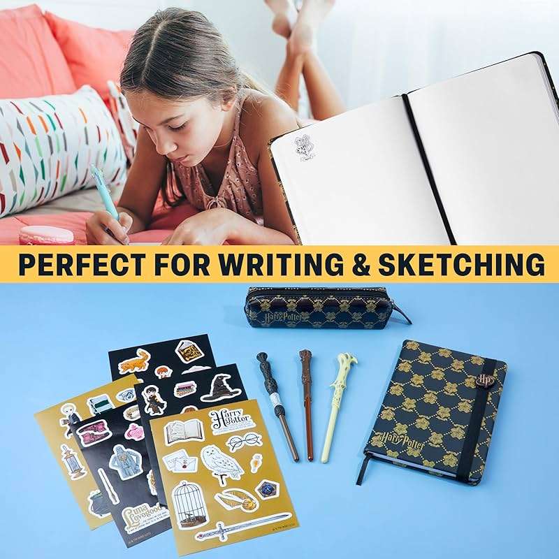 Get Trend Harry Potter Gifts Stationary Set with Cute Notebook Ball Point Wand Pens Pencil Case Stickers Cute Stuff Hogwarts Journal Accessories (Black Harry Potter) - Image 4