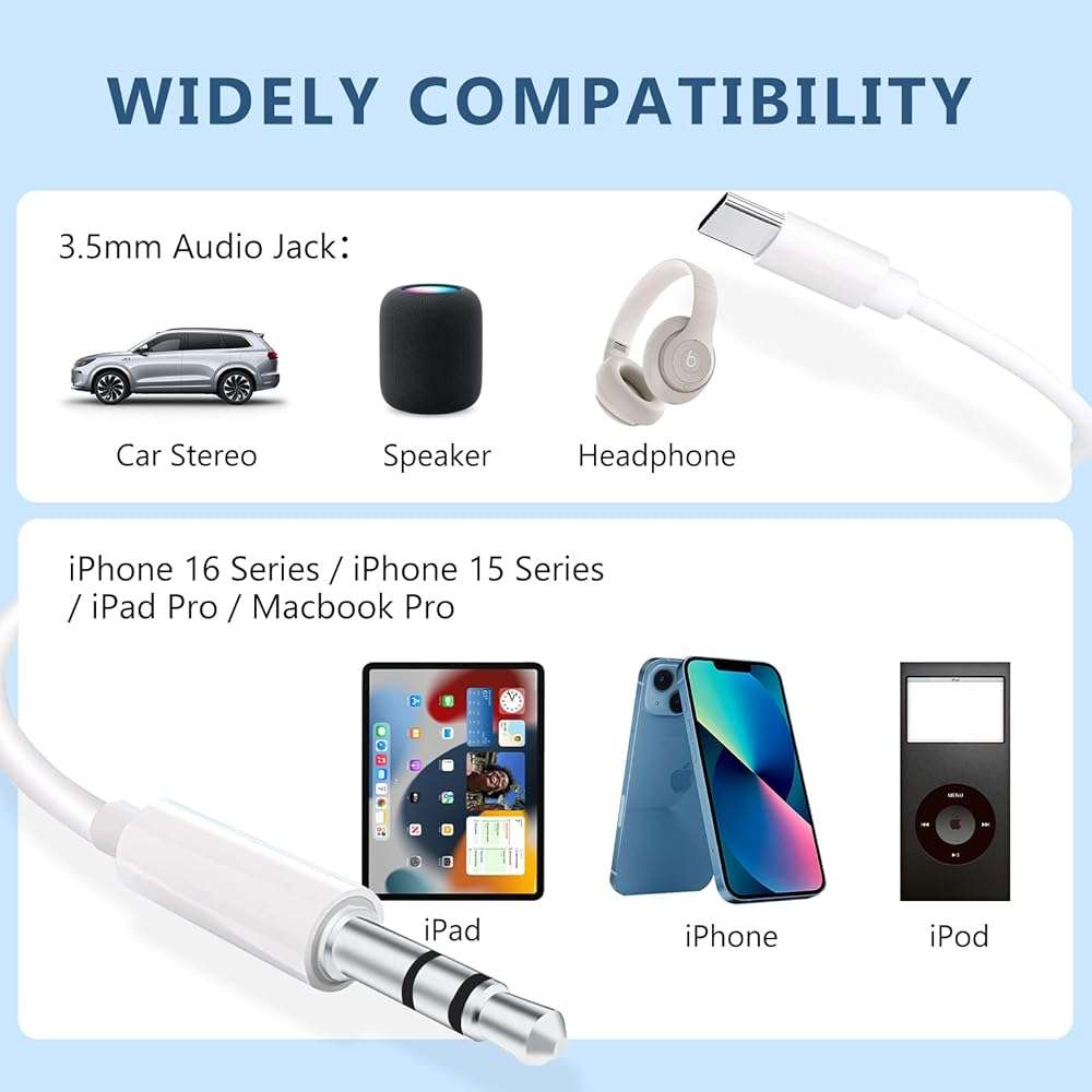 USB C to 3.5mm Audio Aux Jack Cable,3.3 ft, aux Cord for iPhone,Type C to 3.5mm Aux Headphone Stereo Cord Car Cable for iPhone 16/16 Pro, Samsung Galaxy S25 and Other iOS and Android Devices(White) - Image 2