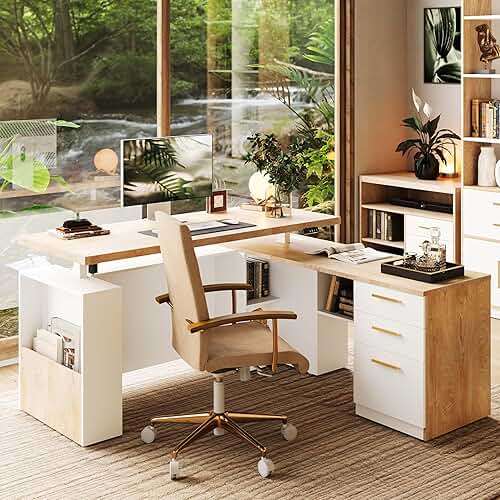ModernMate 63" Standing Desk with File Cabinet, Privacy Panel, AC/USB, 1.18" Desktop, Executive L Shaped Height Adjustable Electric Stand Up Desk, Home Office Table with 3 Drawers, Light Walnut - Image 1