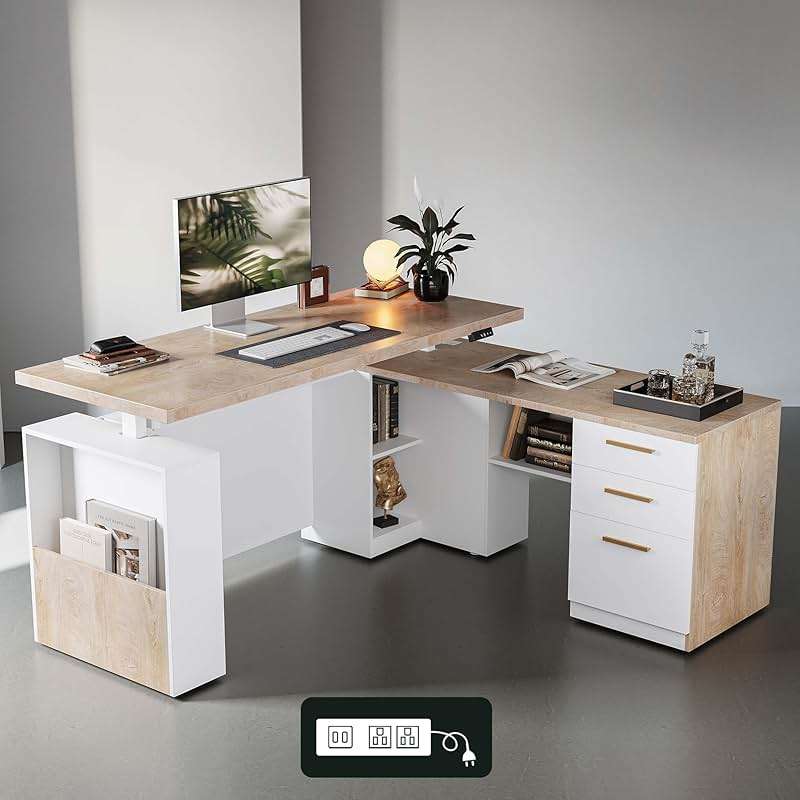 ModernMate 63" Standing Desk with File Cabinet, Privacy Panel, AC/USB, 1.18" Desktop, Executive L Shaped Height Adjustable Electric Stand Up Desk, Home Office Table with 3 Drawers, Light Walnut - Image 8