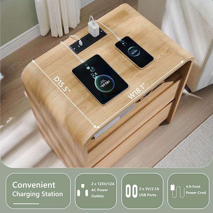 Aitjunz 25" Tall Modern Nightstand with Charging Station, 23.6'' Wide Wood Bedside Table w/2 Storage Drawers, Large Mid Century End Table for Bedroom, Living Room, Curved Profile Design,Natural Oak - Image 3