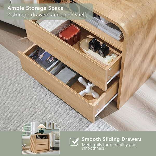Aitjunz 25" Tall Modern Nightstand with Charging Station, 23.6'' Wide Wood Bedside Table w/2 Storage Drawers, Large Mid Century End Table for Bedroom, Living Room, Curved Profile Design,Natural Oak - Image 4