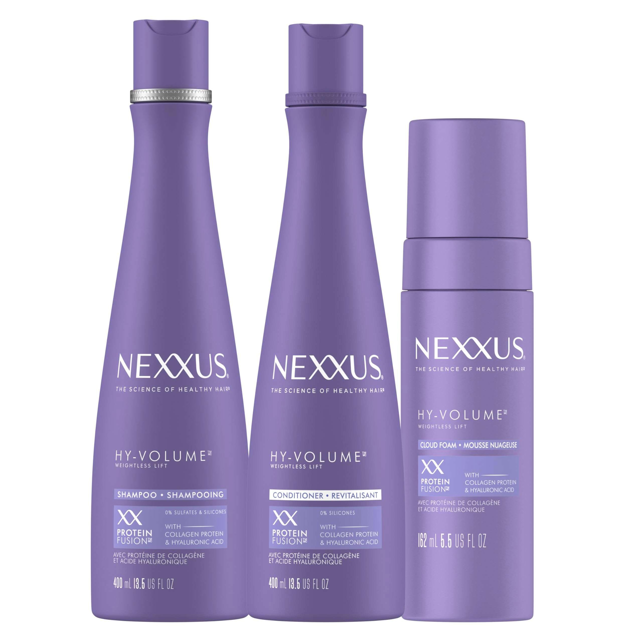 Nexxus HY-VOLUME Weightless Lift Shampoo, Conditioner & Foam 3 Pack PROTEIN FUSION with Collagen Protein & Hyaluronic Acid For Flat & Limp Hair for 48 Hours of Volume 13.5 fl oz & 5.5 fl oz - Image 1