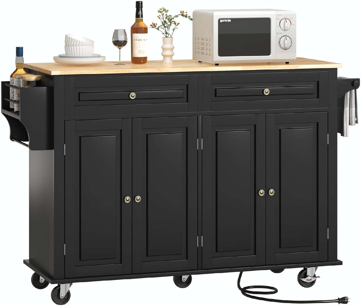 Hlivelood 55" Movable Kitchen Island with Drop Leaf and Power Outlet, Rolling Cart with Storage Cabinet, Island Table on Wheels for Kitchen with 2 Drawers, Spice Rack, Towel Bar, Garage Hook, Black - Image 1