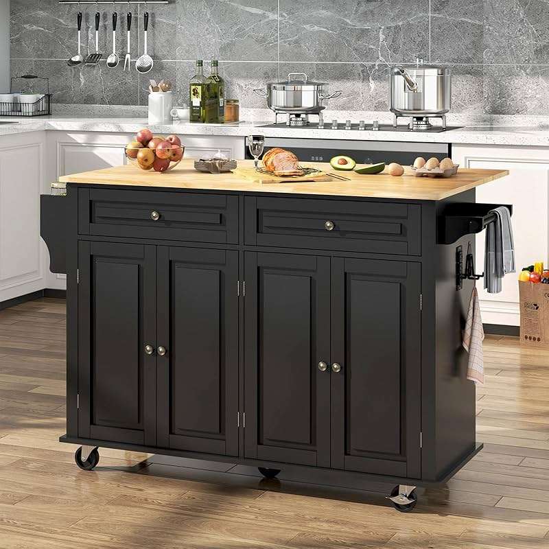Hlivelood 55" Movable Kitchen Island with Drop Leaf and Power Outlet, Rolling Cart with Storage Cabinet, Island Table on Wheels for Kitchen with 2 Drawers, Spice Rack, Towel Bar, Garage Hook, Black - Image 2