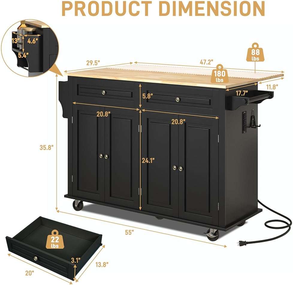 Hlivelood 55" Movable Kitchen Island with Drop Leaf and Power Outlet, Rolling Cart with Storage Cabinet, Island Table on Wheels for Kitchen with 2 Drawers, Spice Rack, Towel Bar, Garage Hook, Black - Image 3