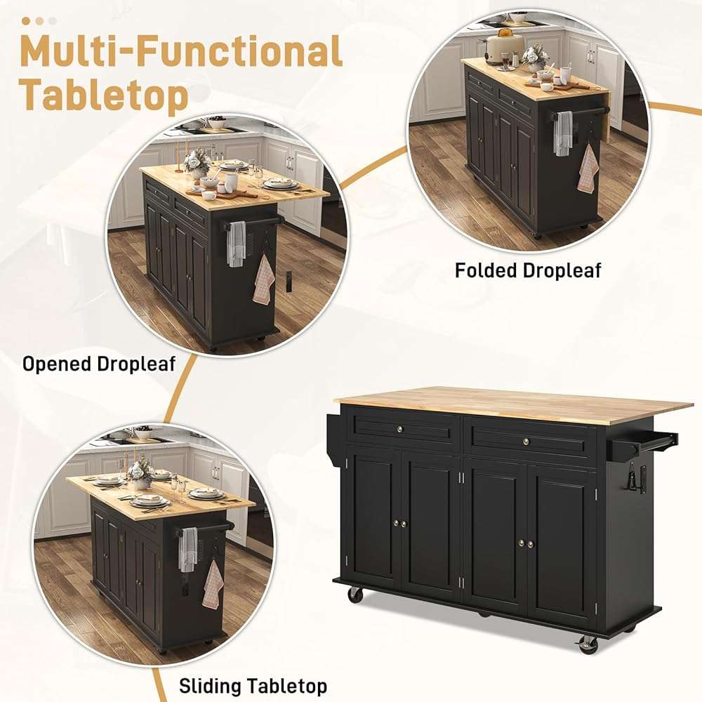Hlivelood 55" Movable Kitchen Island with Drop Leaf and Power Outlet, Rolling Cart with Storage Cabinet, Island Table on Wheels for Kitchen with 2 Drawers, Spice Rack, Towel Bar, Garage Hook, Black - Image 4