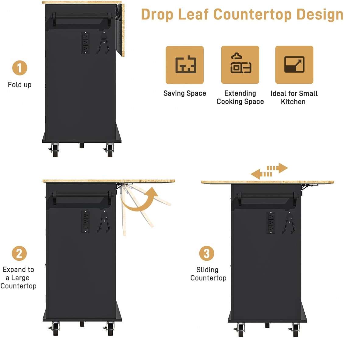 Hlivelood 55" Movable Kitchen Island with Drop Leaf and Power Outlet, Rolling Cart with Storage Cabinet, Island Table on Wheels for Kitchen with 2 Drawers, Spice Rack, Towel Bar, Garage Hook, Black - Image 5