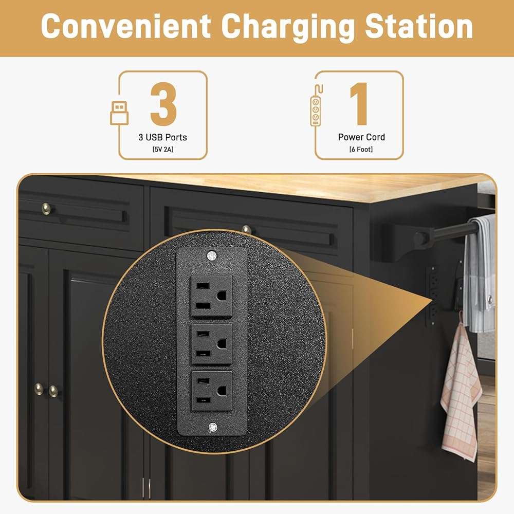 Hlivelood 55" Movable Kitchen Island with Drop Leaf and Power Outlet, Rolling Cart with Storage Cabinet, Island Table on Wheels for Kitchen with 2 Drawers, Spice Rack, Towel Bar, Garage Hook, Black - Image 6