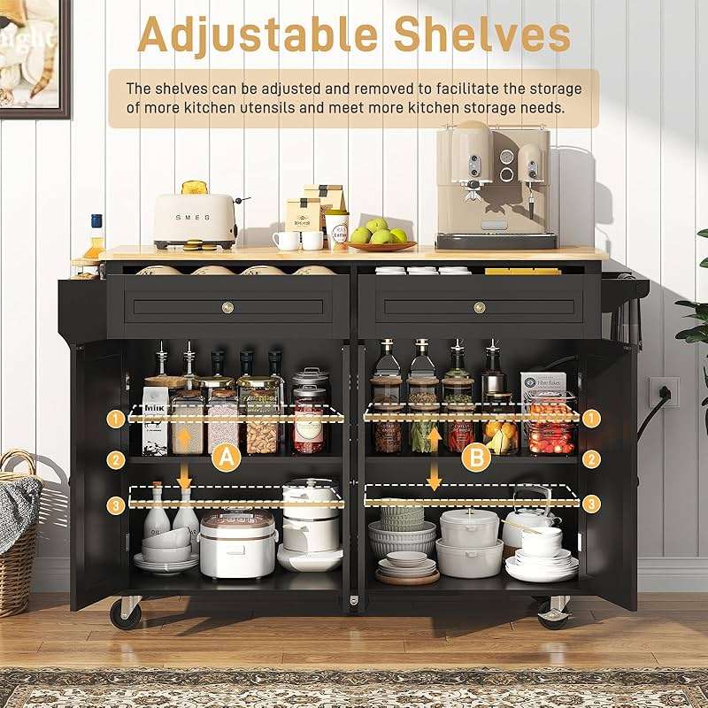 Hlivelood 55" Movable Kitchen Island with Drop Leaf and Power Outlet, Rolling Cart with Storage Cabinet, Island Table on Wheels for Kitchen with 2 Drawers, Spice Rack, Towel Bar, Garage Hook, Black - Image 7