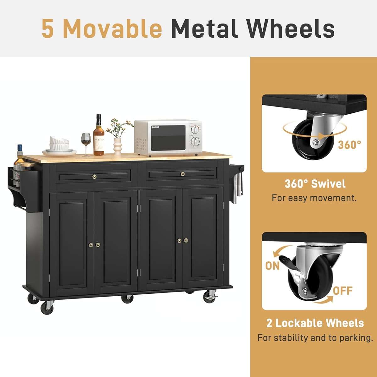 Hlivelood 55" Movable Kitchen Island with Drop Leaf and Power Outlet, Rolling Cart with Storage Cabinet, Island Table on Wheels for Kitchen with 2 Drawers, Spice Rack, Towel Bar, Garage Hook, Black - Image 8