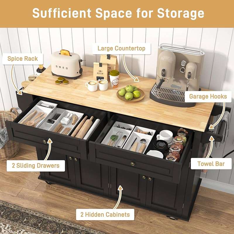 Hlivelood 55" Movable Kitchen Island with Drop Leaf and Power Outlet, Rolling Cart with Storage Cabinet, Island Table on Wheels for Kitchen with 2 Drawers, Spice Rack, Towel Bar, Garage Hook, Black - Image 9