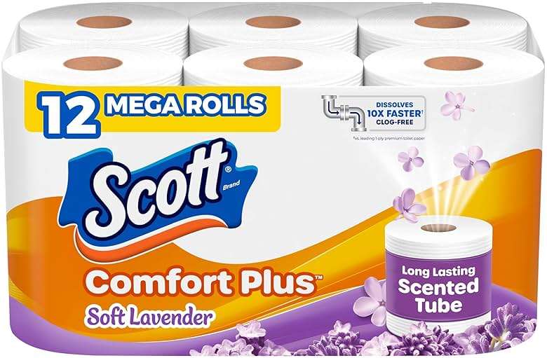 Scott ComfortPlus Toilet Paper with Soft Lavender Scented Tube, 12 Mega Rolls, 310 Sheets per Roll, Septic-Safe, 1-Ply Toilet Tissue - Image 1