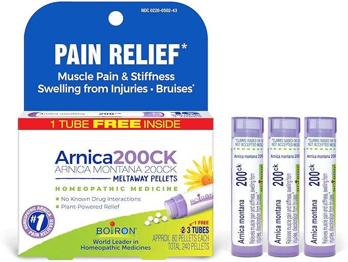 Boiron Arnica Montana 200CK Homeopathic Medicine for Pain Relief, Muscle Pain & Stiffness, Swelling from Injuries, & Bruises - 3 Count (240 Pellets) - Image 1