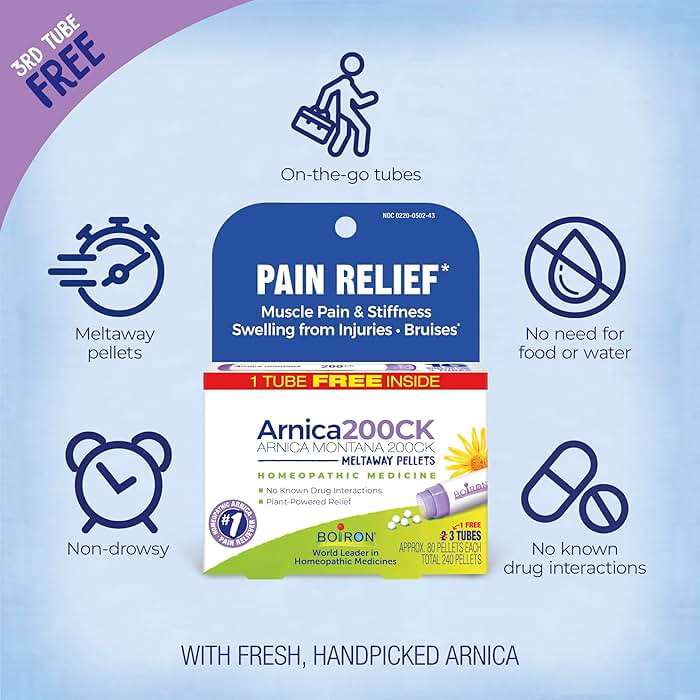 Boiron Arnica Montana 200CK Homeopathic Medicine for Pain Relief, Muscle Pain & Stiffness, Swelling from Injuries, & Bruises - 3 Count (240 Pellets) - Image 3