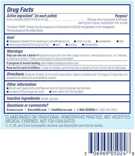 Boiron Arnica Montana 200CK Homeopathic Medicine for Pain Relief, Muscle Pain & Stiffness, Swelling from Injuries, & Bruises - 3 Count (240 Pellets) - Image 7