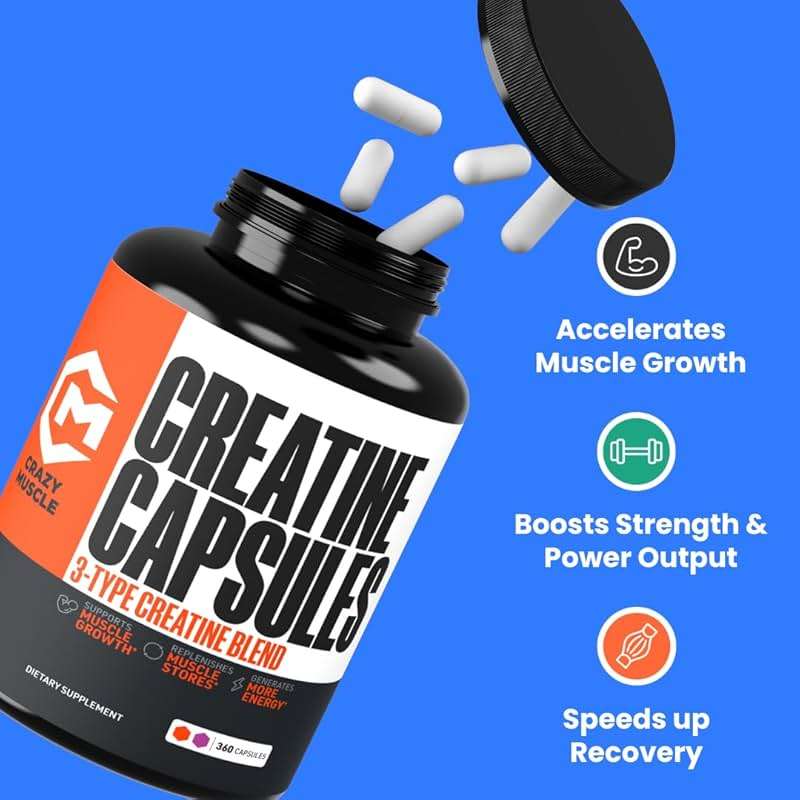Crazy Muscle ThreeAtine Creatine Monohydrate Capsules 5g Pure, 3X Formula Pre Workout Supplement for Men & Women Supports Fitness Routine Energy Strength Focus Daily Use 180 Capsules, 30 Servings - Image 2
