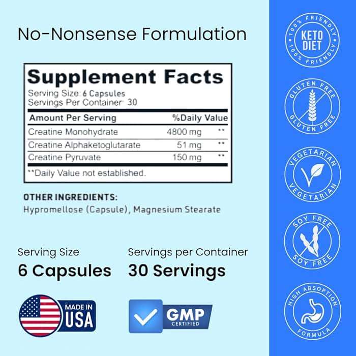Crazy Muscle ThreeAtine Creatine Monohydrate Capsules 5g Pure, 3X Formula Pre Workout Supplement for Men & Women Supports Fitness Routine Energy Strength Focus Daily Use 180 Capsules, 30 Servings - Image 3