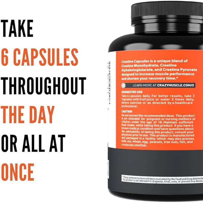 Crazy Muscle ThreeAtine Creatine Monohydrate Capsules 5g Pure, 3X Formula Pre Workout Supplement for Men & Women Supports Fitness Routine Energy Strength Focus Daily Use 180 Capsules, 30 Servings - Image 7