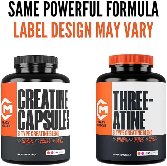 Crazy Muscle ThreeAtine Creatine Monohydrate Capsules 5g Pure, 3X Formula Pre Workout Supplement for Men & Women Supports Fitness Routine Energy Strength Focus Daily Use 180 Capsules, 30 Servings - Image 8