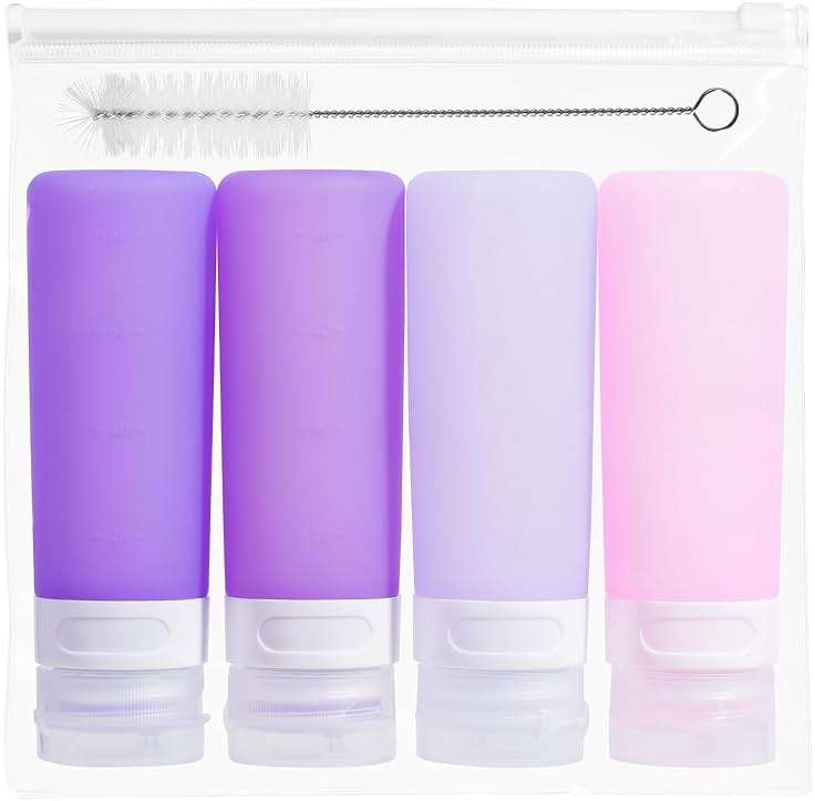 MICEBAY Condiment Squeeze Bottles for Sauces, 3-oz Mini Silicone Salad Dressing Container to Go with Snack Storage Bag, Leakproof Sauce Bottles for Lunch Box, 4 Pack, Purple - Image 1