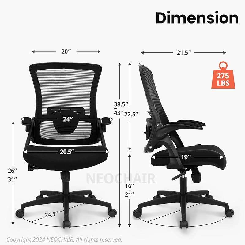NEO CHAIR Office Desk Gaming Chair Computer High Back Mesh Seat with Rolling Wheels Ergonomic Adjustable Comfy Flip-up Armrests Lumbar Support Height for Home (Black) - Image 2