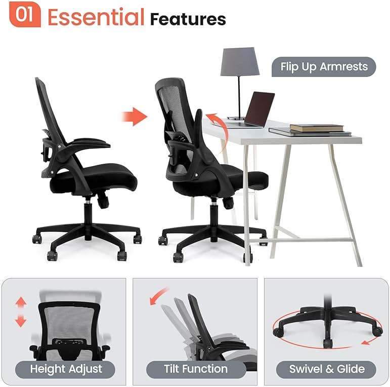 NEO CHAIR Office Desk Gaming Chair Computer High Back Mesh Seat with Rolling Wheels Ergonomic Adjustable Comfy Flip-up Armrests Lumbar Support Height for Home (Black) - Image 3