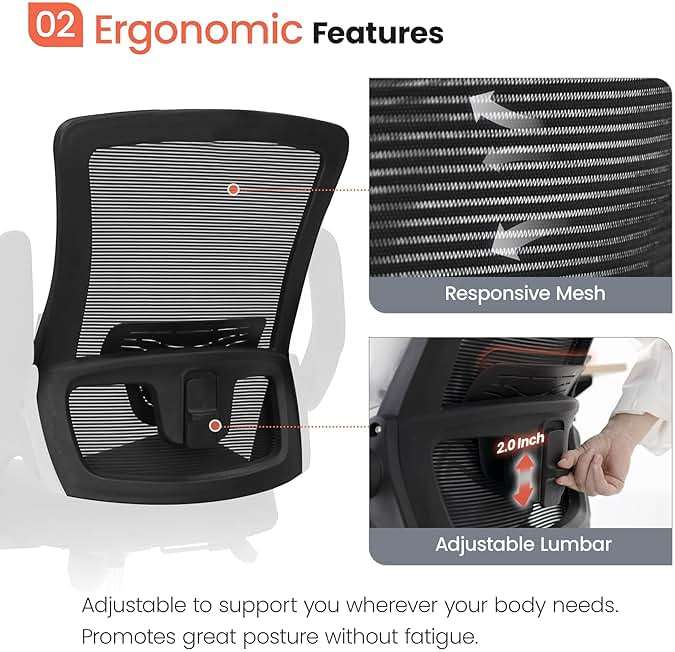 NEO CHAIR Office Desk Gaming Chair Computer High Back Mesh Seat with Rolling Wheels Ergonomic Adjustable Comfy Flip-up Armrests Lumbar Support Height for Home (Black) - Image 4