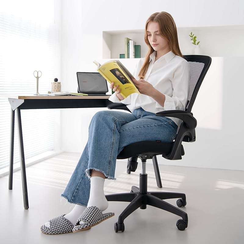 NEO CHAIR Office Desk Gaming Chair Computer High Back Mesh Seat with Rolling Wheels Ergonomic Adjustable Comfy Flip-up Armrests Lumbar Support Height for Home (Black) - Image 6
