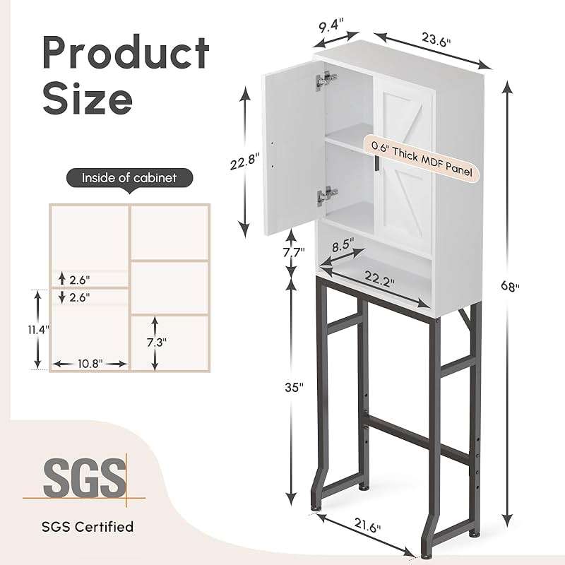 USHOWER Over The Toilet Storage Cabinet, Bathroom Organizers and Storage with Barn Doors, Thicken Metal Stand & MDF Wood Above Toilet Storage Cabinet, Freestanding Space Saver, White - Image 2