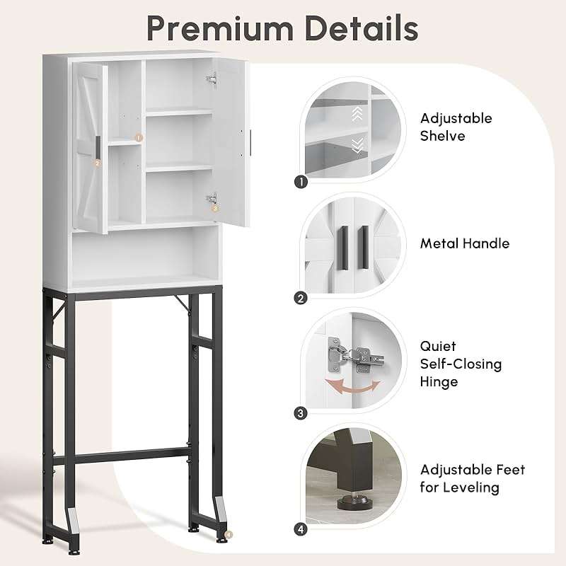 USHOWER Over The Toilet Storage Cabinet, Bathroom Organizers and Storage with Barn Doors, Thicken Metal Stand & MDF Wood Above Toilet Storage Cabinet, Freestanding Space Saver, White - Image 4