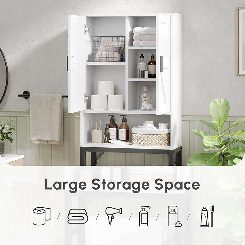 USHOWER Over The Toilet Storage Cabinet, Bathroom Organizers and Storage with Barn Doors, Thicken Metal Stand & MDF Wood Above Toilet Storage Cabinet, Freestanding Space Saver, White - Image 5